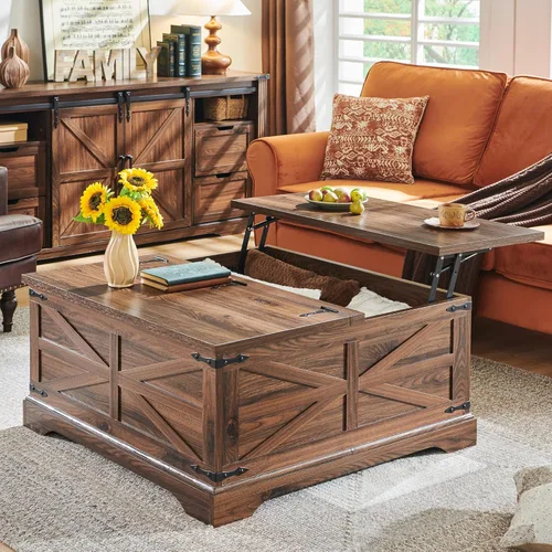 Miniatura 11 de JXQTLINGMU Farmhouse - Mesa auxiliar elevable con gran almacenamiento, mesa cuadrada de madera de 36 pulgadas con compartimento oculto, mesa