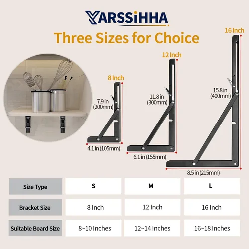 Miniatura 7 de Yarssihha Soporte plegable de estante de 8 pulgadas, paquete de 2 soportes plegables resistentes montados en la pared, soportes plegables de metal