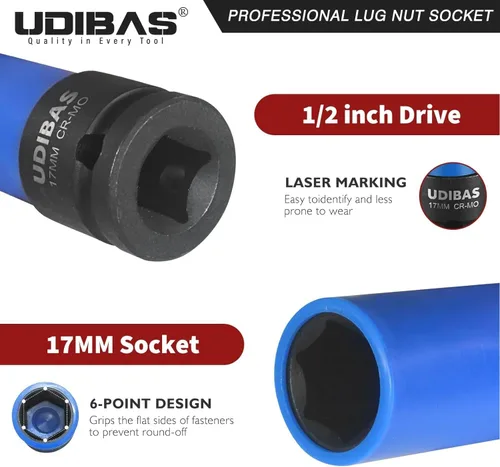 Miniatura 2 de Llave de tuerca de impacto de 17 mm de 1/2 pulgada, profunda, métrica, con fundas protectoras y material CR-MO de alta resistencia que no deja marcas