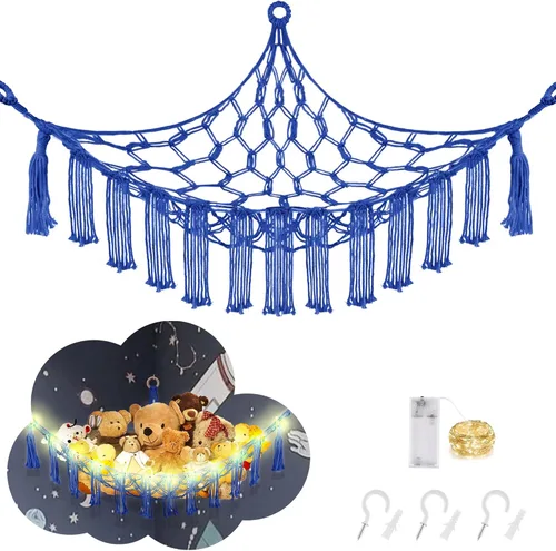 Miniatura 15 de CERETIA Hamaca de animales de peluche con luz LED, red grande de almacenamiento en esquina de animales de peluche para decoración de habitación