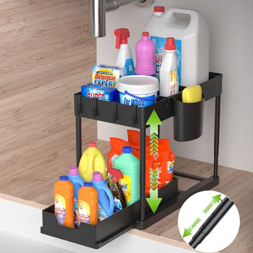 Miniatura 9 de Organizadores y almacenamiento para debajo del fregadero, estante deslizante de 2 niveles, organizador de gabinete de baño con ganchos, taza