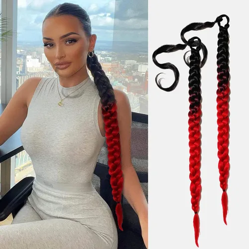 Miniatura 23 de 2 paquetes de 16 pulgadas de extensión de cola de caballo trenzada larga negra para mujeres negras con banda elástica, trenzado recto, extensiones