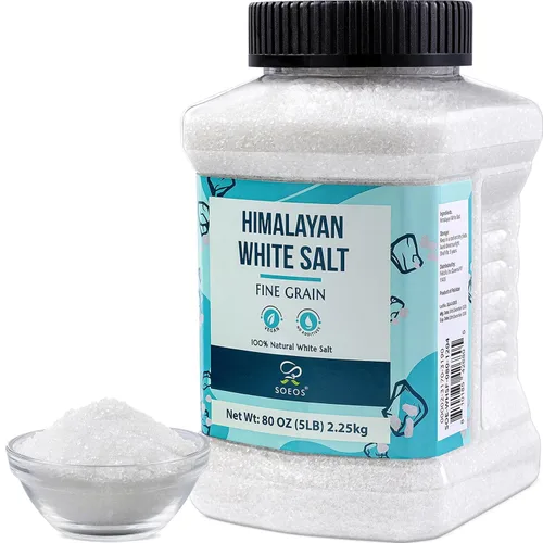 Soeos Sal blanca del Himalaya de grano fino, 80 onzas (5 libras / 5.0 lbs), sal para cocinar, hornear, condimentar y uso diario en la cocina