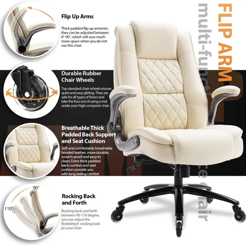 Miniatura 5 de EZAKI Silla de oficina con respaldo alto, brazos abatibles, silla ejecutiva de escritorio para computadora, soporte lumbar integrado, acolchado Beige