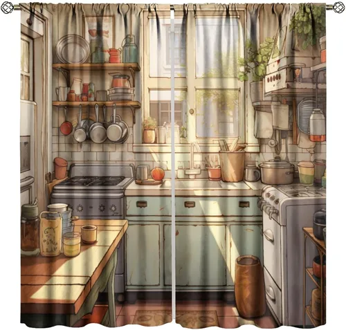 Miniatura 13 de Cortinas de cocina estilo retro, 2 paneles con bolsillo para cortinero, decoración de dormitorio, cocina, cafetería, 42 pulgadas de ancho x 45