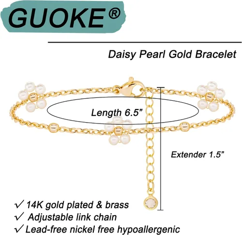 Miniatura 6 de Pulsera de oro para mujer, chapada en oro de 14 quilates, con cuentas de margaritas y perlas de tenis, joyería simple