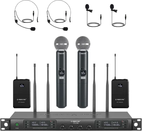 Phenyx Pro Sistema de micrófono inalámbrico de 4 canales con escaneo automático, frecuencias UHF de 4 x 40, 2 micrófonos dinámicos de mano, 2