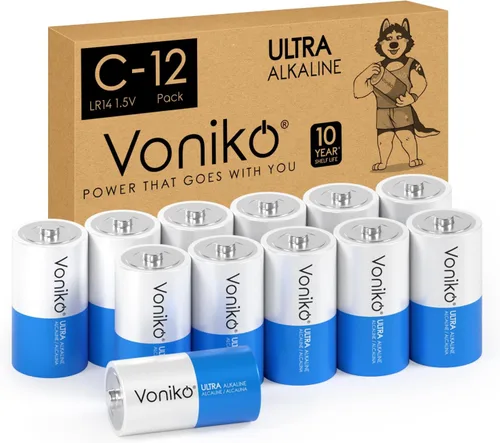 Miniatura 7 de Voniko Baterías C ultra alcalinas, paquete de 8 baterías LR14 de tamaño C – 10 años de vida útil y 6-9 veces la potencia que