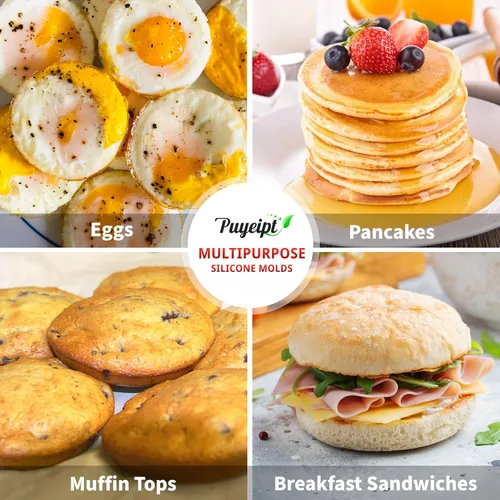 Miniatura 7 de Puyeipt Moldes de silicona para huevos de 4 pulgadas para sándwiches de desayuno, paquete de 2 moldes de tamaño jumbo para magdalenas, moldes