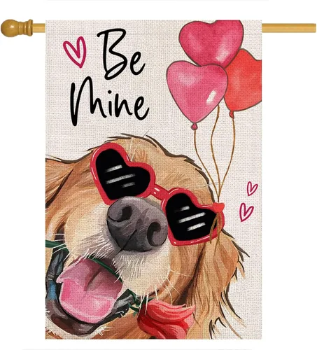 Bandera de casa de perro para el día de San Valentín para exteriores, Golden Retriever con globos, banderas de patio para exteriores, bandera