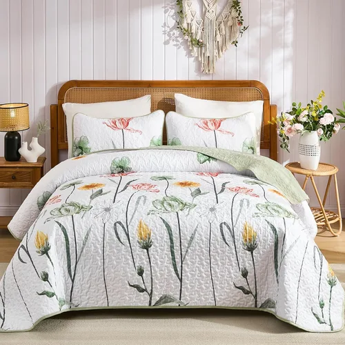 Miniatura 20 de WONGS BEDDING - Juego de edredón floral tamaño Queen, edredón botánico verde y amarillo con 2 fundas de almohada, juego de ropa de cama ligera