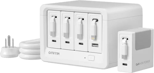 Gitryin 12-in-1 Desktop Charging Station with 3 Retractable Type-C Charger Blocks, 1 Micro and 1 Lightning Charger, 4 USB C Ports, 160W Fast
