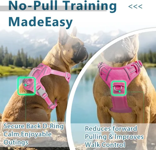Miniatura 3 de BARKBAY Arnés para perro sin tirones con bolsillo para etiqueta de identificación, resistente, reflectante, de fácil control para perros grandes Rosa