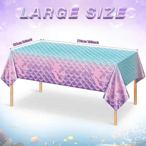 Miniatura 2 de 8 manteles para decoración de fiesta de cumpleaños de sirena, fundas de mesa de plástico desechables para princesas bajo el mar, suministros