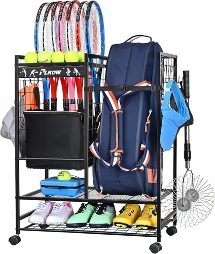 PLKOW Organizador de bolsas de tenis para raquetas de tenis, soporte para equipo de tenis para bolsas, bolas, raquetas y accesorios, organizador de