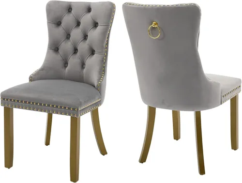 Miniatura 36 de Juego de 2 sillas de comedor de terciopelo, silla de comedor tapizada de alta gama con tirador de anillo en la espalda, adorno de clavos y patas