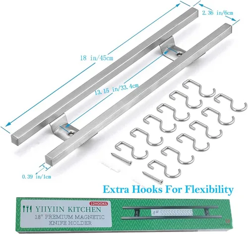 Miniatura 2 de YIIYIIN Soporte magnético para cuchillos de 18 pulgadas para montaje en pared, tiras magnéticas para cuchillos con 12 ganchos, acero inoxidable 304