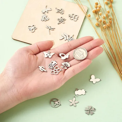 Miniatura 4 de Pandahall - Dijes de acero inoxidable surtidos de metal, estrella y luna, flor, animal para hacer pulseras, collares, aretes, Acero inoxidable