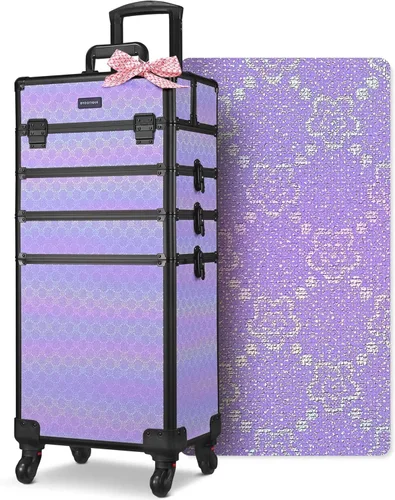 Miniatura 14 de BYOOTIQUE estuche rodante para maquillaje 4 en 1, con cerradura, maletín tipo trolley para cosméticos, con 4 ruedas extraíbles, organizador de viaje