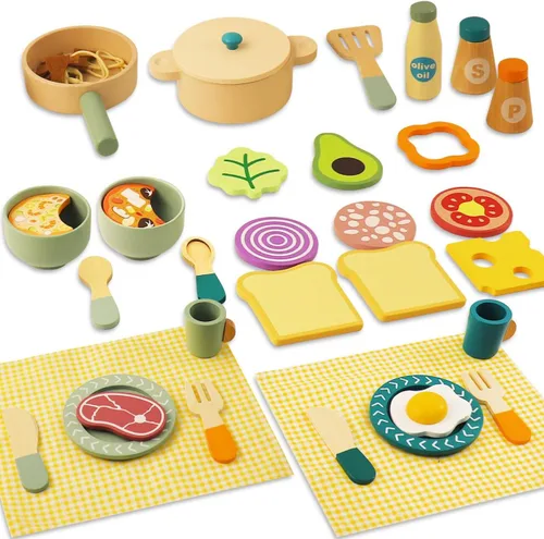 Accesorios de cocina de madera para niños, ollas y sartenes de madera para jugar cocina, juguetes de simulación, juego de comida de madera,