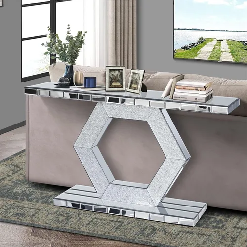 Miniatura 3 de Mesa consola con espejo de 55 pulgadas, mesa larga para sofá de sala de estar, oficina, detalles de cristal de diseño hexagonal, moderno escritorio