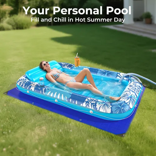 Miniatura 4 de Flotador inflable de bronceado para piscina con lona de protección, flotadores de piscina de 85 x 57 pulgadas para adultos con almohada, flotador