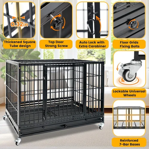 Miniatura 4 de Jaula apilable de 47 pulgadas para perros grandes de alta ansiedad, jaula indestructible a prueba de escapes para interiores con doble puerta