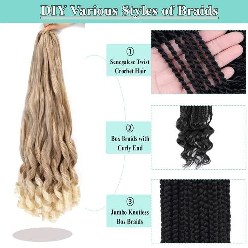 Miniatura 5 de Cabello trenzado francés rubio ombré, 8 paquetes de 16 pulgadas, 27/613, color preestirado, rizado, ombré, trenzado para trenzas de caja de diosa