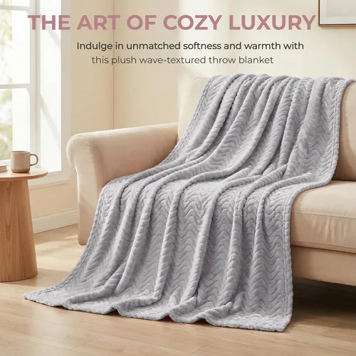 Miniatura 6 de Exclusivo Mezcla Manta King para cama, acogedora manta ligera de vellón con textura ondulada decorativa adecuada para invierno, gris claro, 90 x 104