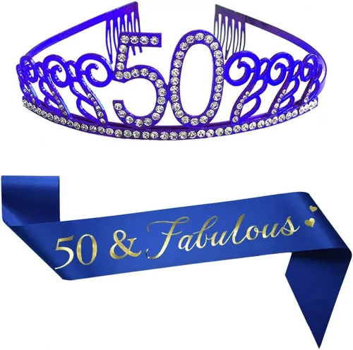Tiara y banda azul de cumpleaños número 50, banda de satén con purpurina y corona de cumpleaños de diamantes de imitación de cristal para fiesta de