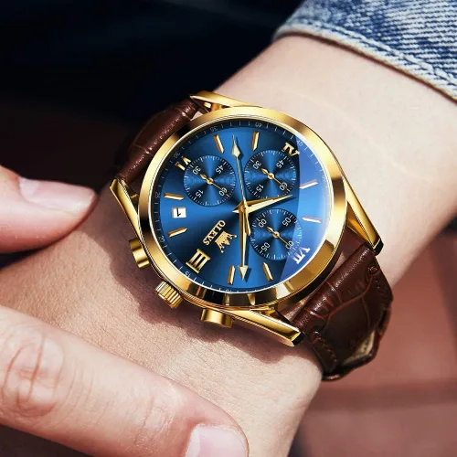 Miniatura 8 de OLEVS Reloj cronógrafo de cuarzo para hombre correa de cuero dorada con fecha de día reloj de pulsera de acero inoxidable impermeable relojes