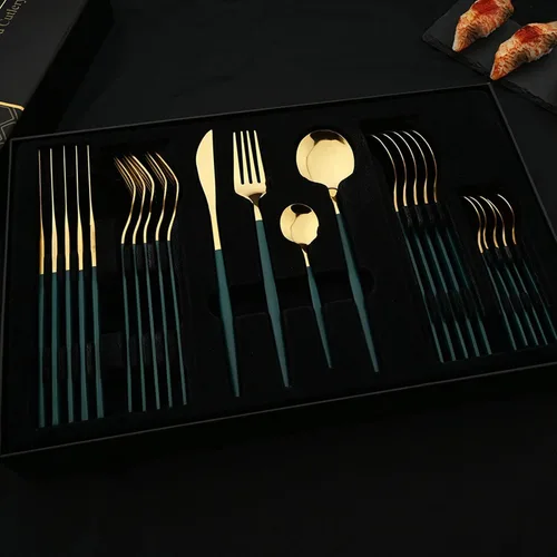 Miniatura 2 de JASHII Juego de cubiertos verde oscuro y dorado, juego de cubiertos de acero inoxidable de 24 piezas, juego de cubiertos de acero inoxidable