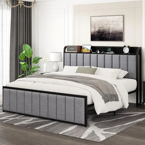 Miniatura 7 de VECELO Queen Bed Frame, Storage Upholstered Headboard with Charging Station, Platform Bedframe, Heavy Duty Metal Slats, No Box Spring Needed