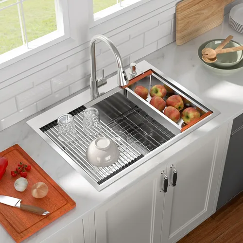 Miniatura 20 de Fregadero de cocina negro de 30"x19", estación de trabajo con revestimiento nano, acero inoxidable 304 calibre 16, hecho a mano, montaje superior