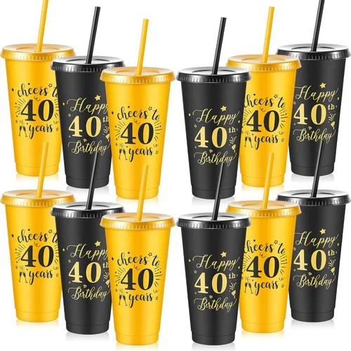 Miniatura 9 de Uiifan 12 vasos de plástico de plástico con tapa y popote de 24 onzas para cumpleaños, cumpleaños, bodas, aniversarios, decoración (30º)