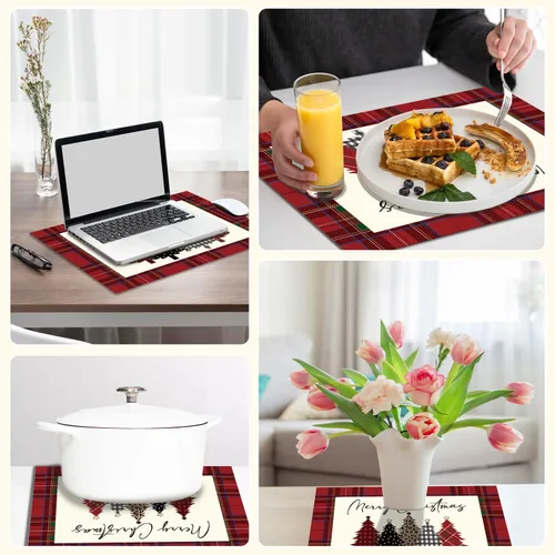 Miniatura 4 de Manteles individuales impermeables con diseño de árboles de Navidad, diseño de cuadros rojos y negros, juego de 4, manteles individuales lavables