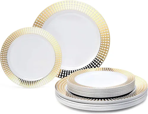 Miniatura 14 de OccasionS - Paquete de 100 platos (50 invitados) Juego de platos de plástico desechables de alta calidad para fiesta de boda, cena de 50 x 10.5