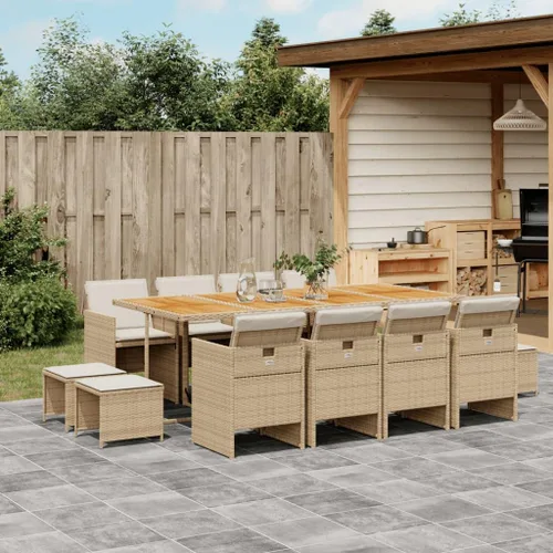 Juego de muebles de patio de 13 piezas con cojines, sillas y taburetes plegables, juego de comedor de ratán de poliéster beige para jardín, patio