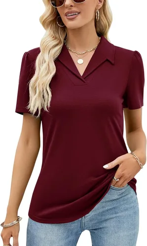 LUYAA Camisas tipo polo de manga corta para mujer, cuello en V, cuello en V, blusas elegantes y casuales