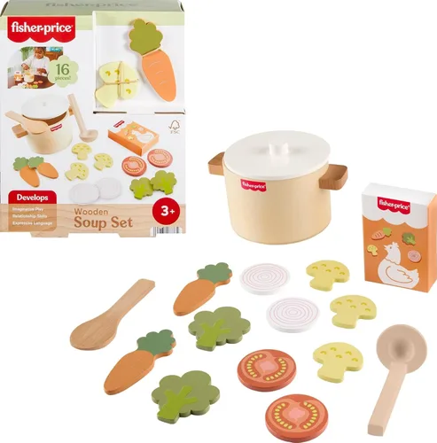 Fisher-Price Juguete de Cocina de Madera Sopa de Verduras, Tiny Garden, Juego de Cocina de Simulación de Madera de 16 Piezas para Niños Preescolares