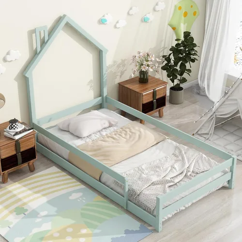 Miniatura 4 de Cama de plataforma de madera de tamaño individual con cabecero y cercas en forma de casa, sin tablillas, cama de piso para dormitorio de niños Verde