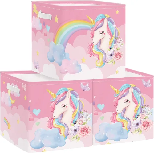 Clastyle Juego de cestas de almacenamiento plegables de unicornio rosa para niños, organizador de ropa, cuarto de bebé, juguetes para niñas, estante