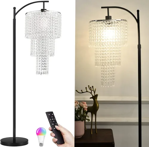 Miniatura 10 de Lámpara de pie de arco con mesa y estantes, lámparas de pie de cristal para sala de estar, regulable, elegante, moderna, LED, lámpara de pie