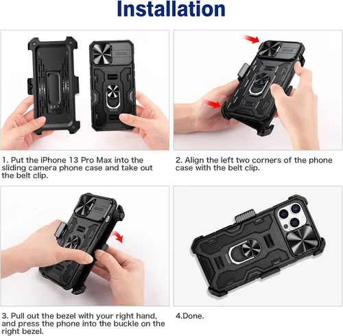 Miniatura 8 de VEGO Funda para iPhone 13 Pro Max/iPhone 12 Pro Max con soporte, cubierta deslizante para cámara y funda con clip para cinturón, funda protectora