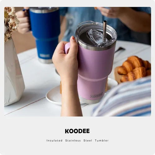 Miniatura 6 de koodee Vaso con asa, vaso de acero inoxidable de 30 onzas con aislamiento de doble pared con tapa y pajita, vaso de café para hombres y mujeres azul