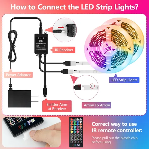 Miniatura 3 de Tiras de luces LED de 65.6 pies (2 rollos de 32.8 pies), tira de luces RGB que cambia de color 5050 con control remoto IR de 40 teclas, luces