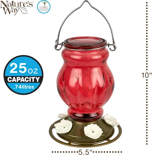 Miniatura 2 de Nature's Way Comedero colgante de vidrio para colibríes para decoración al aire libre, alimentador de néctar de capacidad de 25 onzas, 5 puertos