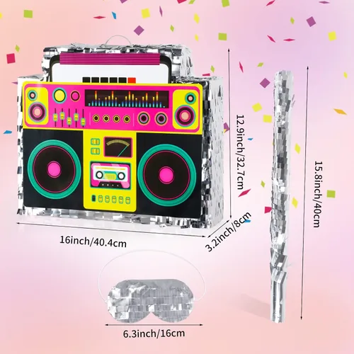Miniatura 2 de Boombox Piñata con palo con los ojos vendados de los años 80, hip hop, juego de piñata mexicana para fiesta de regreso a los 80, regalos de radio