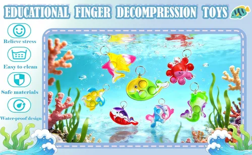 Miniatura 4 de Paquete de 26 llaveros de animales marinos azules, pulpo, peces, delfines, tortugas, tiburones, ballenas, mini llavero Pop para fiestas