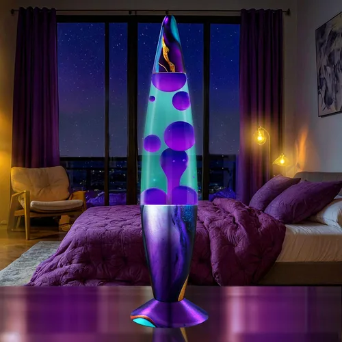Miniatura 2 de JAMBO Hermosa lámpara de 16 pulgadas, color verde azulado con cera morada, luz líquida relajante, luz nocturna, luz nocturna retro, luz de Mármol